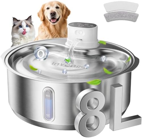 Invengo 8L/270oz Cordless Stainless Steel Dog Water Fountain, 1 Filter