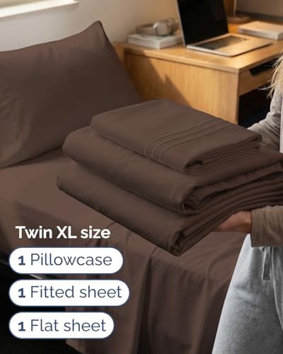 Twin XL Size 3 Piece Sheet Set - Comfy Breathable & Cooling Sheets - Brown