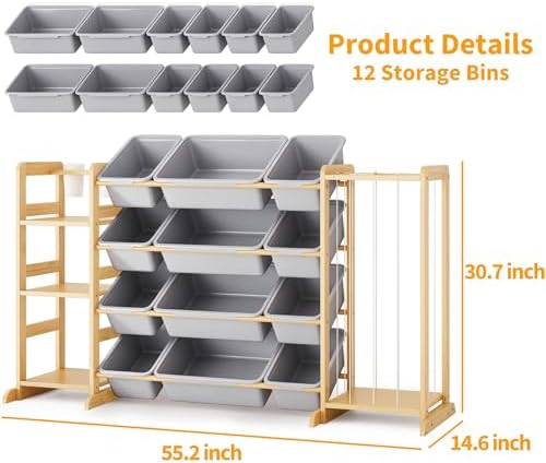 Toy Storage Organizer with Bookshelf and Stuffed Animal Storage - Kids Playroom Organization with 3 Shelves and 12 Toy Bins - Toddler Living Room Toy Box for Lego - Nursery Bedroom Decor Essential