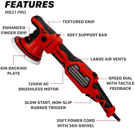 Maxshine MB21 Pro Brushless DA Polisher – 21mm Long Throw Car Buffer with 6” Backing Plate, 1200W Motor, 5/16”-24 Thread & 6-Speed Control – Auto Detailing Tool for Cars, Trucks, SUVs & Boats