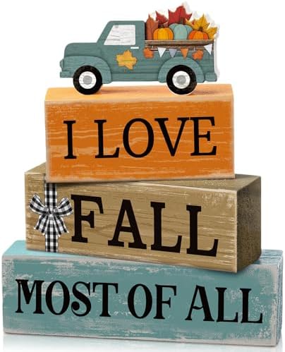 Moucuny 4 Pcs Fall Truck Table Decor, I Love Fall Wood Block Sign Home Tray