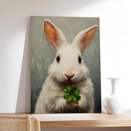 JDBeehpy Easter Rabbit (Unframed, Canvas Only) Canvas Mural Cute White Rabbit Clover Printing Spring Prints Oil Painting Art Style Green Festival Theme Art Prints 20x30inch(50x75cm)
