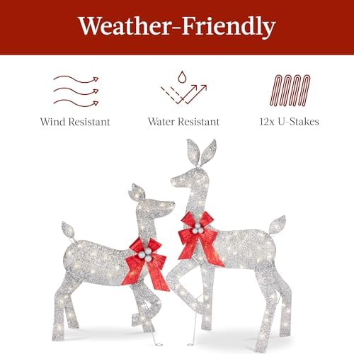 Best Choice Products 4ft 3-Piece 2D Lighted Christmas Deer Family Set, Large Outdoor Yard Reindeer Holiday Decoration with 175 LED Lights, Stakes, Zip Ties - Silver