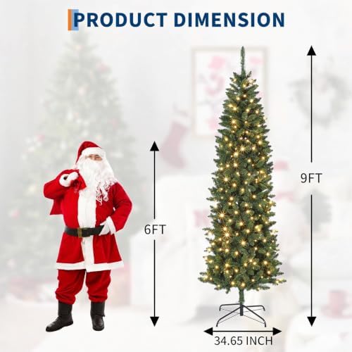 9FT Pre-Lit Christmas Tree, Artificial Pencil Holiday Decoration with 380 LED Light & 1153 Tips, Metal Foldable Stand for Indoor Use, Green