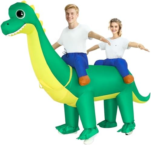 XYJKIDSES Couple Inflatable Dinosaur Costume for Adult Halloween Blow Up Costumes 2 Person Funny Ride On Brachiosaurus Costumes for Men Women Cosplay
