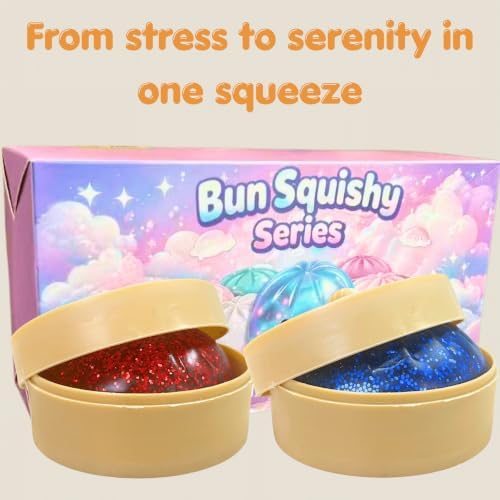 Stress Relief Squishy, 2Pcs Red Blue Bun Squishies Toys with Steamer Box