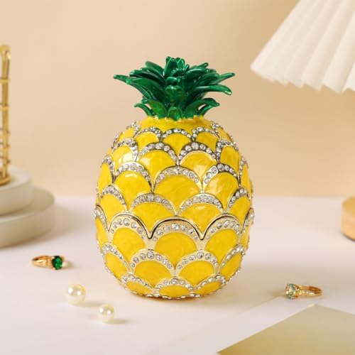 Lucky Pineapple Trinket Boxes Hinged Hand-Painted Jewelry Box with Rhinestones Enamel Fruit Style Ornament Christmas Gift for Women(Yellow)