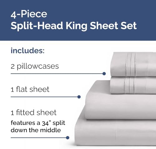 Flex Top Split Head King 4 Piece Sheet Set - Soft & Breathable - Light Grey