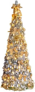 VINGLI 7ft Pre Lit Pop Up Christmas Tree w/ 170 Lights, Fully Decorated Flocked Pencil Christmas Tree, Collapsible Xmas Tree for Holiday Party Decorations, Gold