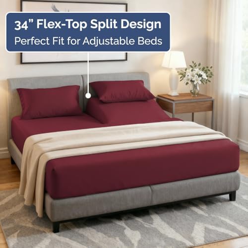 Flex Top Split Head King 4 Piece Sheet Set - Soft & Breathable - Burgundy