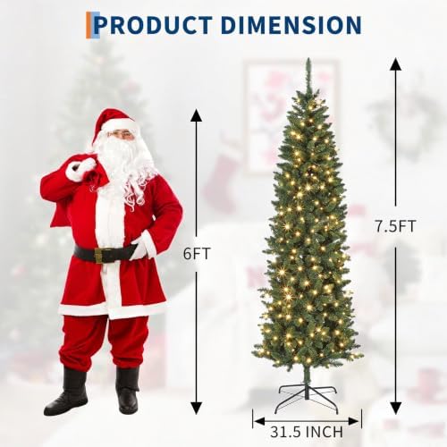 7.5FT Pre-Lit Christmas Tree, Artificial Pencil Holiday Decoration with LED Light & 743 Tips, Metal Foldable Stand for Indoor Use, Green