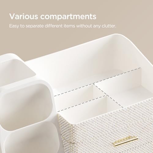 HBlife Makeup Organizer with Brush Holder for Vanity, Large Plastic Bathroom Countertop Organizer Skin Care Storage, Easy to Store Nail Polishes, Perfumes, Eyeshadow Palettes, Pearl All White
