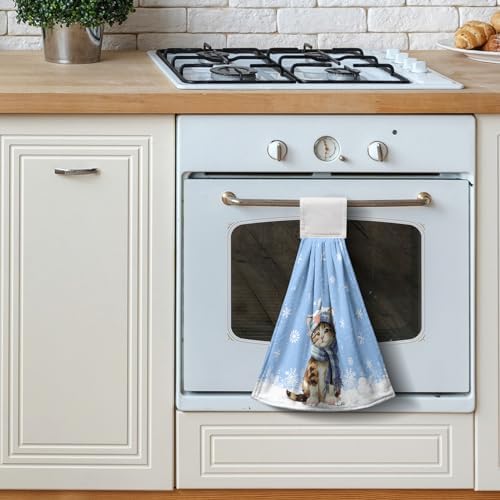 Winter Funny Cat Hanging Kitchen Towels Set of 2 Winter Snowflakes Hand Towel with Hanging Loop Cute Cat with Scarf Hanging Tie Towel Soft Absorbent Blue Dish Tea Towels for Bathroom 12x17 Inch