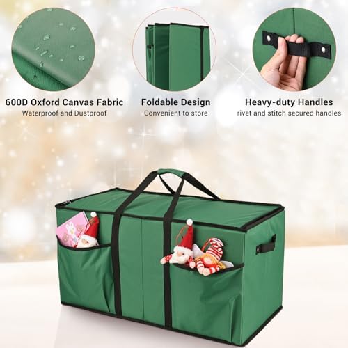 Christmas Ornament Storage Box, Mrrihand Xmas Decoration Organizer with Adjustable Dividers - Storage Container Keeps 128 Holiday Ornaments 3-Inch, Dual Zipper Closure, 600D Tear-Proof Material(Green)
