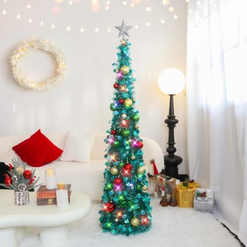 N&T NIETING Pop Up Christmas Tree with Lights & Ornaments, 5FT, Dark Green
