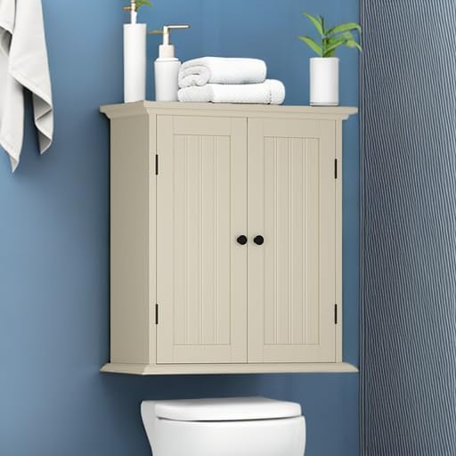 ChooChoo Bathroom Wall Cabinet, Over The Toilet Space Saver Storage Cabinet, Medicine Cabinet with 2 Door and Adjustable Shelves, Cupboard, Cream Yellow