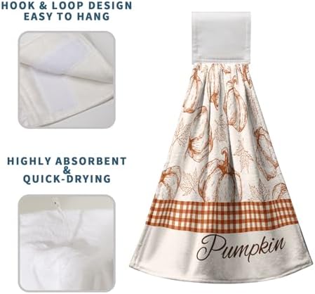 Hello Fall Pumpkin Kitchen Hanging Towels Set of 2 Autumn Maple Leaves Orange Hand Towel with Hanging Loop Seasonal Thanksgiving Fingertip Bath Towels Soft Absorbent Dish Tie Towel
