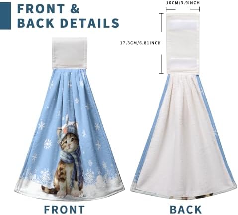 Winter Funny Cat Hanging Kitchen Towels Set of 2 Winter Snowflakes Hand Towel with Hanging Loop Cute Cat with Scarf Hanging Tie Towel Soft Absorbent Blue Dish Tea Towels for Bathroom 12x17 Inch
