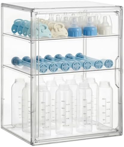 HBlife Baby Bottle Storage Organizer for Countertop Cabinet, 3 Tiers Adjustable Clear Acrylic Bottles Storage Station Case Box Container with 2 Removable Dividers and Magnetic Door, Large