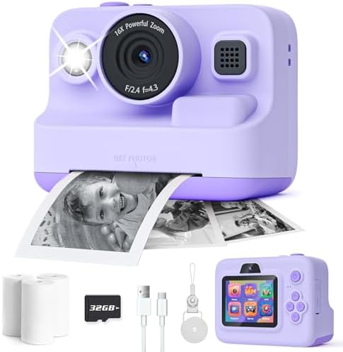 Instant Print Camera for Kids,2.4 Inch Screen Kids Instant Cameras, Christmas Birthday Gifts for Girls Age 3-12, Portable Toddler Toy for 3 4 5 6 7 8 9 10 Year Old Girls Boys Purple
