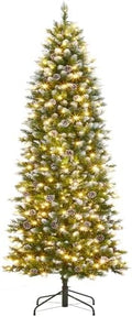 GarveeHome 12 ft Pencil Christmas Tree Pre-lit Slim Holiday Decoration, Skinny Décor LED Lights, Metal Stand,Xmas Tree for Room, Bedroom, Apartment, Outdoor Porch, Office, Green and White
