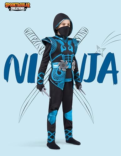 Spooktacular Creations Blue Ninja Costume Set, Ninja Jumpsuit with Foam Accessories for Kids, Toddler Halloween Outfit for Ideas Cosplay Party (Medium, 8-10 yrs)