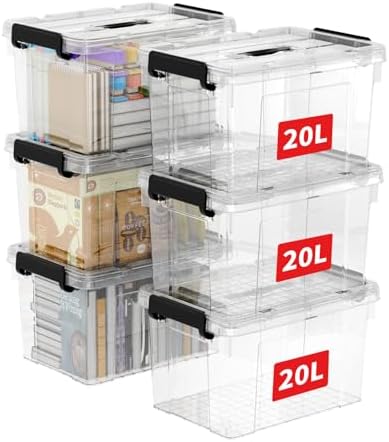 Cetomo Lidded Storage Bin with Handle, Storage Bins with Lid, Organizing Container with Secure Latching Buckles, Stackable and Nestable, Plastic, 25 Quart-6 Pack, Clear