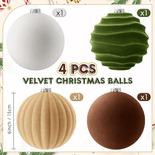 Syhood 4 Pcs 6 Inch Velvet Christmas Balls Large Ornaments, Neutral Color