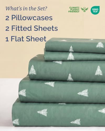 Christmas Sheet Set, Sage Pine Trees, Holiday Xmas Bedding Set - Split King