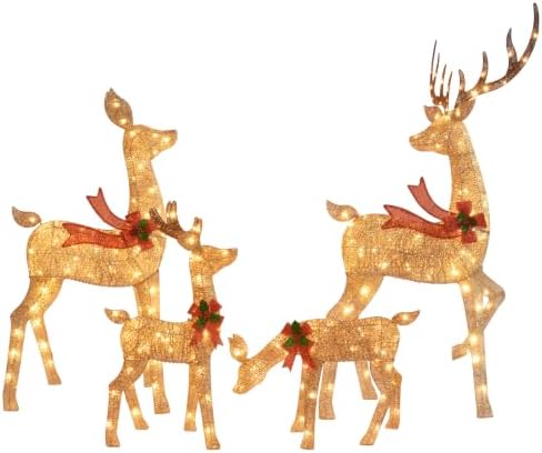 5.7FT Christmas Reindeer Family Set, 4Pcs 3D Christmas Decorations Outdoor Deer with 255 LEDs Outdoor Yard Decoration, Stakes, Zip Ties - Gold