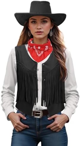 Women Cowgirl Costume Western Vest Hat Belt Set for Cowgirl Cowboy Halloween Cosplay