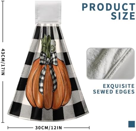 Pumpkin Plaid Bow Kitchen Hanging Towel Set of 2 Black White Buffalo Check Maple Leaves Hand Towels with Hanging Loops Thanksgiving Oven Stove Dish Washcloth Soft Absorbent Bath Tie Towel