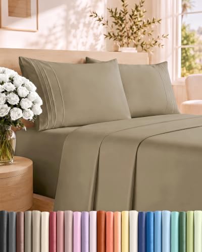 Queen Size 4 Piece Sheet Set - Comfy Breathable & Cooling Sheets - Khaki