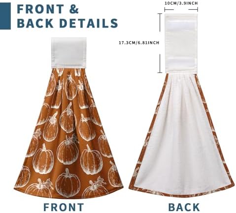 2 Pcs Fall Pumpkin Hanging Kitchen Towels Autumn Thanksgiving Hand Towels with Hanging Loop Burnt Orange White Pumpkins Dish Towels Soft Absorbent Bath Tie Towel for Bathroom Decor