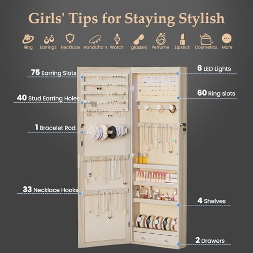 DUMOS 6 LEDs Mirror Jewelry Organizer Cabinet, Jewelry Armoire, 47.2 Inch