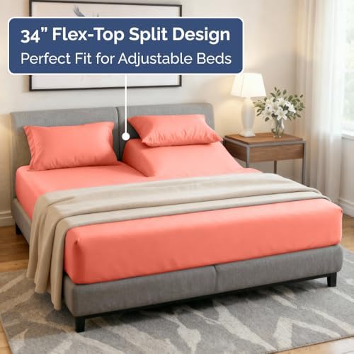 Flex Top Split Head King 4 Piece Sheet Set - Ultra-Soft, Breathable - Coral