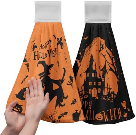 Happy Halloween Hanging Hand Towels Set of 2 for Bathroom Witch Castle Spider Web Kitchen Towels with Hanging Loop Orange and Black Holiday Dish Towel Soft Absorbent Fingertip Fast Dry Bath Towels