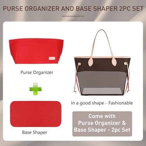 Doxo Purse Organizer Insert for Handbags & Base Shaper 2pc Set, Felt Neverfull GM Organizer Insert, Tote Bag Organizer with Zipper Pocket and Bottle Holder, Fit Neverfull GM and More, Red-XL