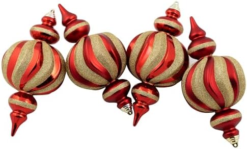 Shatterproof Commercial Size Finial Christmas Ornaments - 10" - Red and Gold - Set of 4