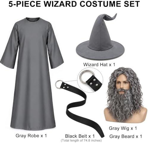 Wizard Halloween Costumes for Men with Gray Robe Hat Wig Beard