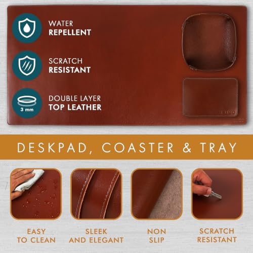 ELIZO Leather Desk Pad Real Leather Desk Mat Thick (3mm) Double Layer (32x16) Cover Blotter Desk Protector Large Computer Mat for Keyboard Mouse Pad Table Laptop Mat Office Accessories - Camel