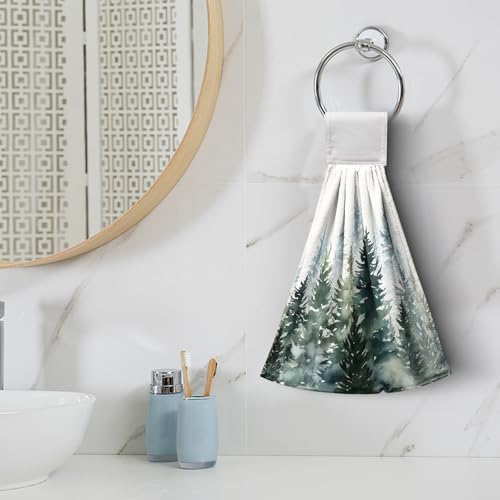 Watercolor Green Tree Hanging Hand Towels Christmas Pine Tree Kitchen Tie Towel Rustic Nature Forest Hand Towels with Hook Loops Winter Hanging Kitchen Towel Fast Drying Dish Tea Towels, 2pcs