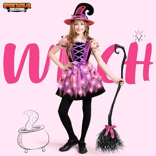 Spooktacular Creations Girls Light Up Witch Costume, Kids Witch Costume with Hat and Broom for Toddler Halloween Dress Party