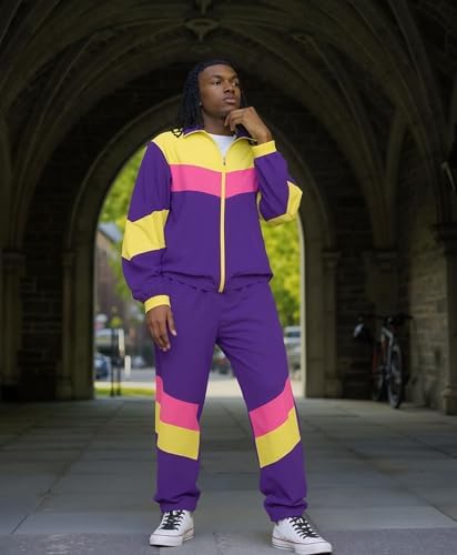 UOUA 80s Outfit for Men 90s Costumes 2 Piece Long Sleeve Track Suit Set