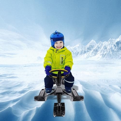 Snow Sled, Baby Sled with Steering Wheel Double Brakes, Durable Steel Frame Ice Fishing Sled for Skiing, Ice Skating, and Sand Skiing, can Bear 220 Lbs, Black