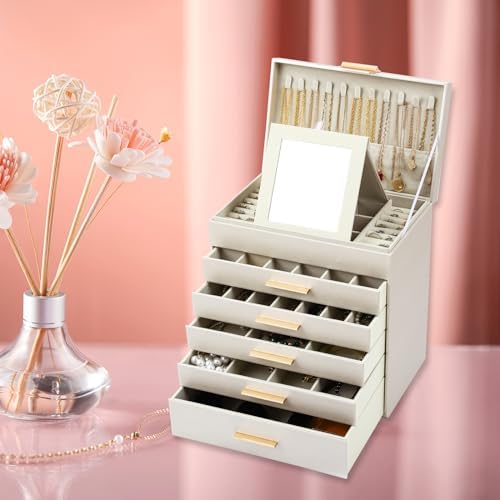BOOVO Jewelry Boxes for Women, White and Black 6 Layer Large Jewelry Box for Necklace, Bracelet, Earrings, Rings Storage, Jewelry holder Organizer for Girls Gift (Champagne, 6 layer)