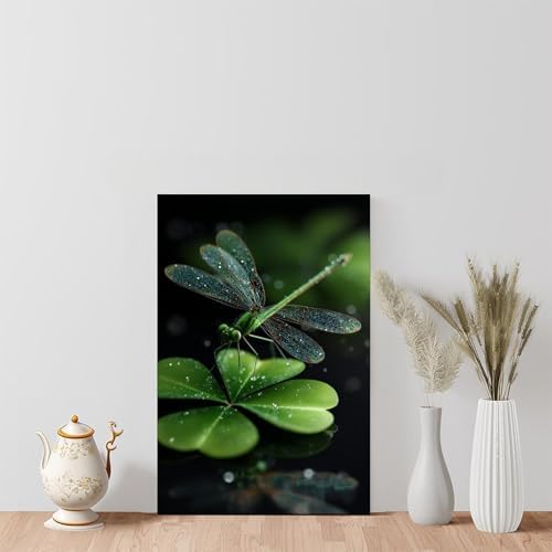 JDBeehpy (Unframed, Canvas Only Wall Decoration Spring Dragonfly Clover Lucky Plants Dragonfly Animal Enthusiasts Room Decoration Bedroom Corridor Ireland Unique Creative Gifts 12x18inch(30x45cm)