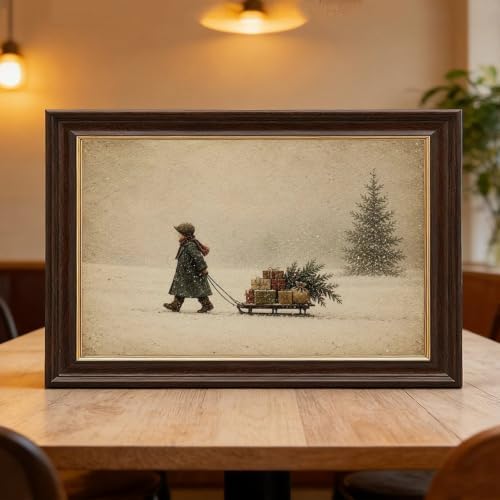 Vintage Child Sled Wrapped Boxes Evergreen Snow Christmas Canvas Wall Art