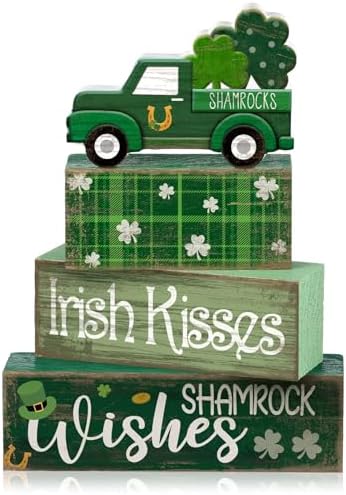 Lineshading 4 Pcs Wooden Shamrock Tiered Tray Decor St Patrick Block Signs