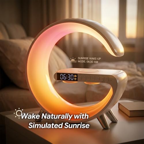 Smart LED Table Lamp Alarm Clock for Bedroom with Wireless Charging Bluetooth Speaker, App Controlled Night Light for Kids, Christmas Birthday Gifts for Teens Adults Desk Office Bedroom Decor (White）